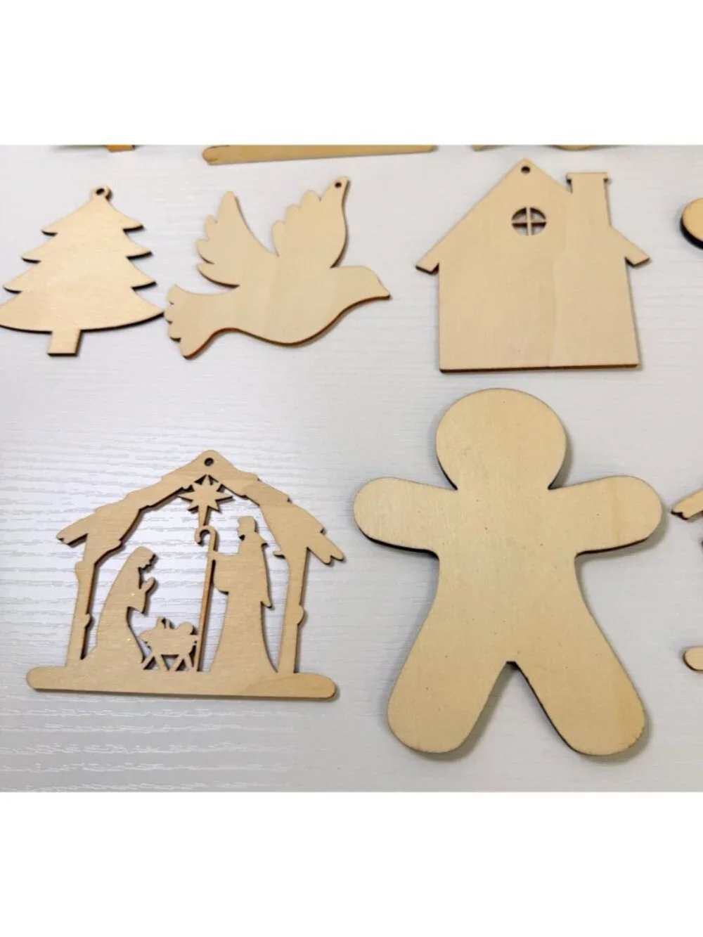 Wooden Christmas Ornament Lot of 13 Crafts Nativity Trees Doves Gingerbread Men